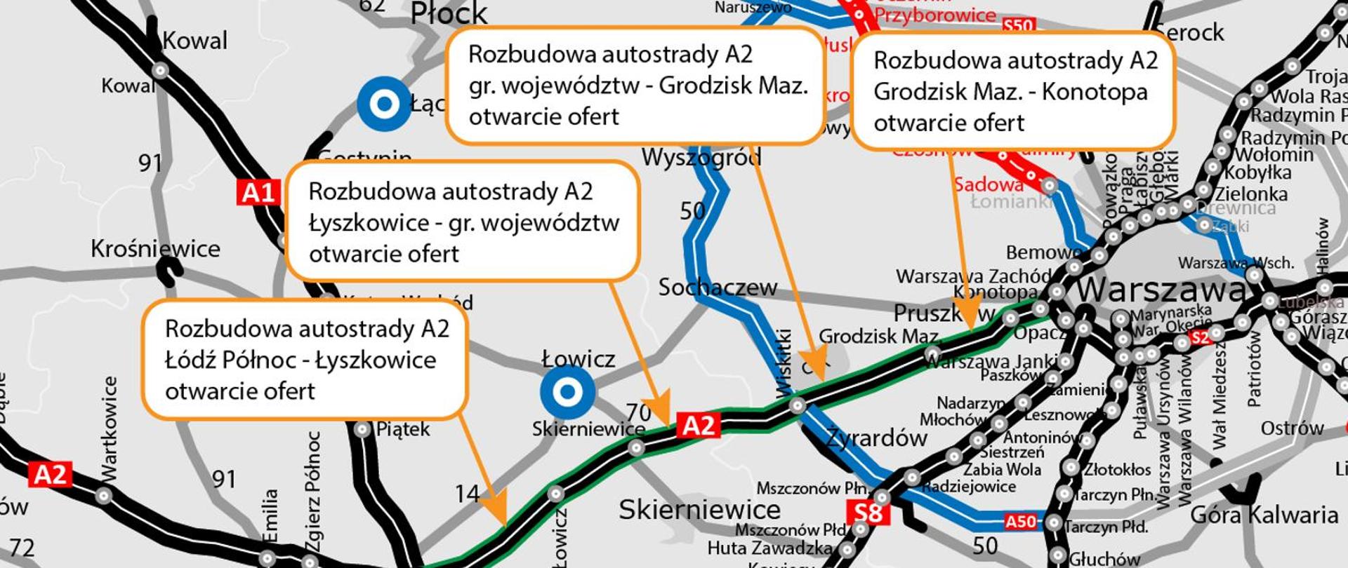 A2 Łódź - Warszawa mapa
