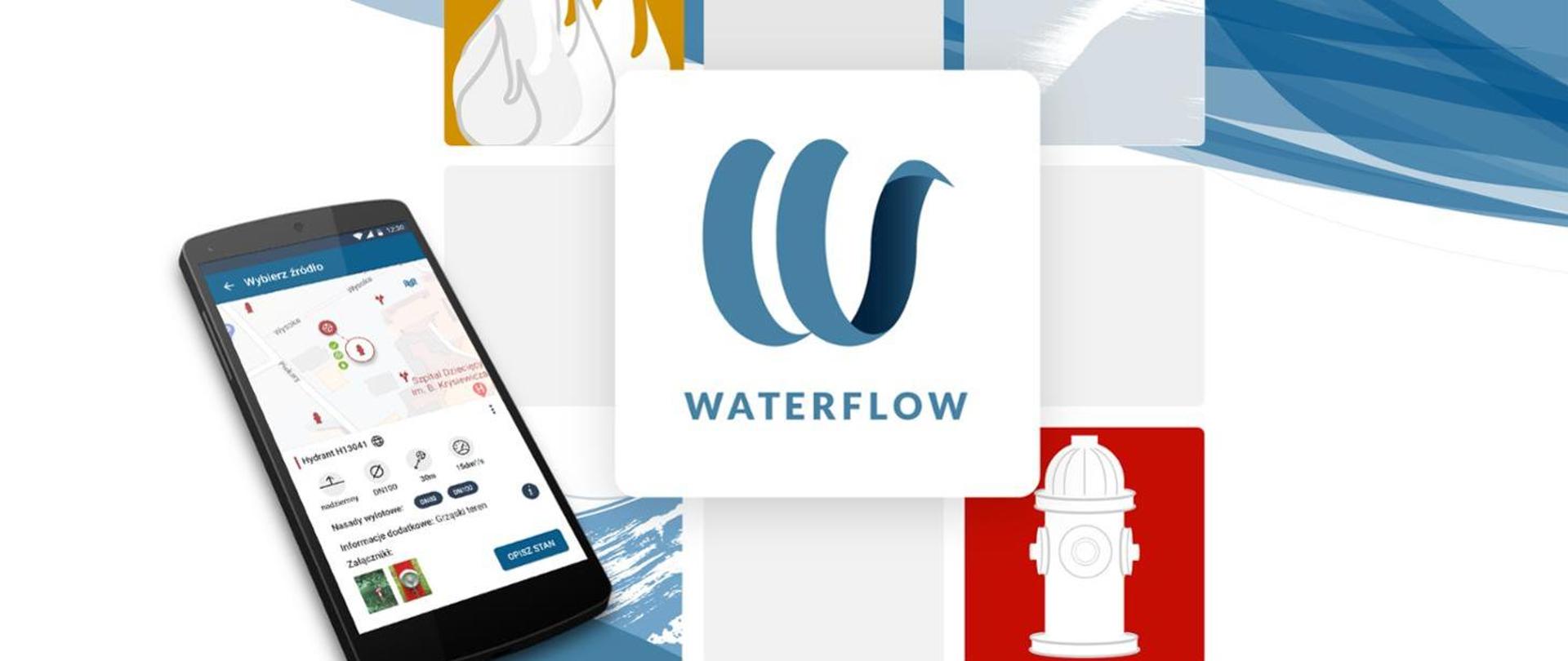 Zdjęcie przedstawia plakat do aplikacji WATERFLOW, na którym znajduje się telefon komórkowy, napis WATERFLOW i czerwony hydrant.