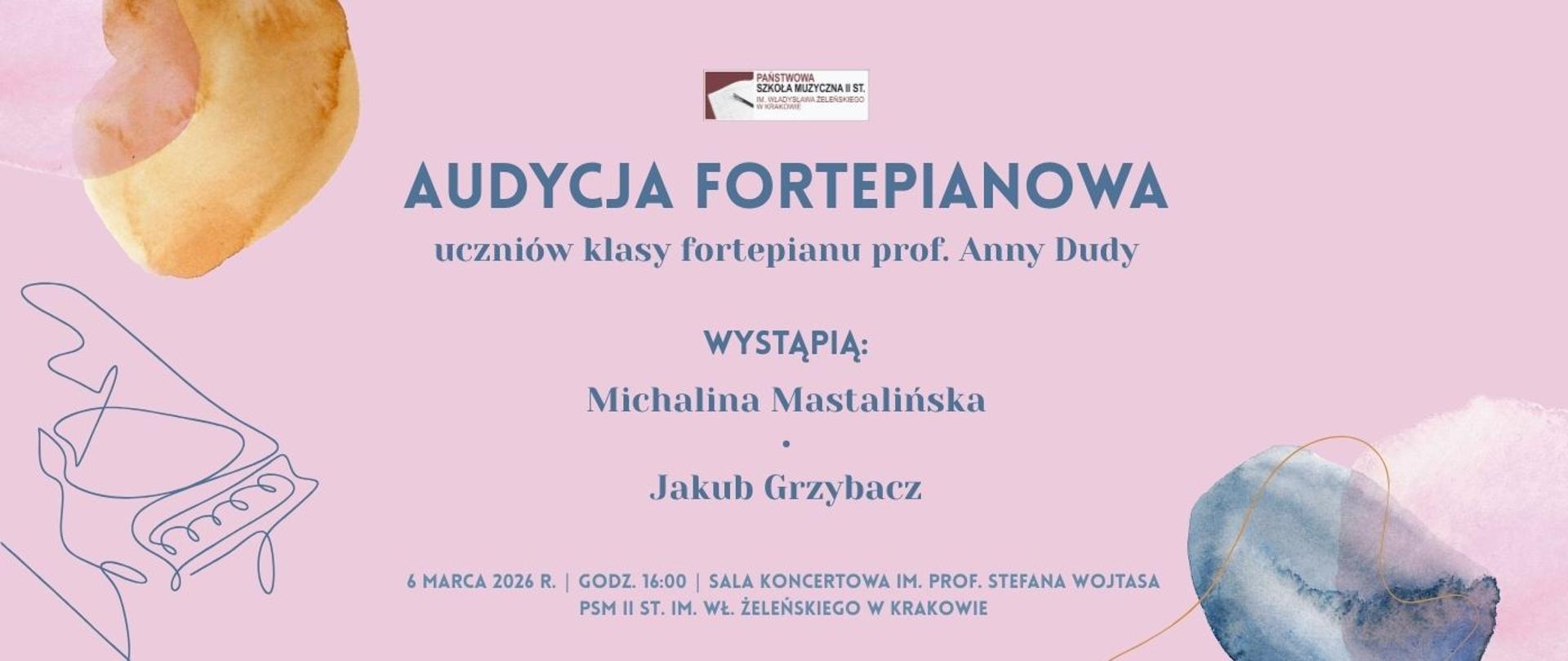 na różowym tle, w górnym prawym i lewym dolnym rogu akwarelowe plamy, w lewym dolnym rogu obrazek fortepianu, na środku napisy informujące o wykonawcach
