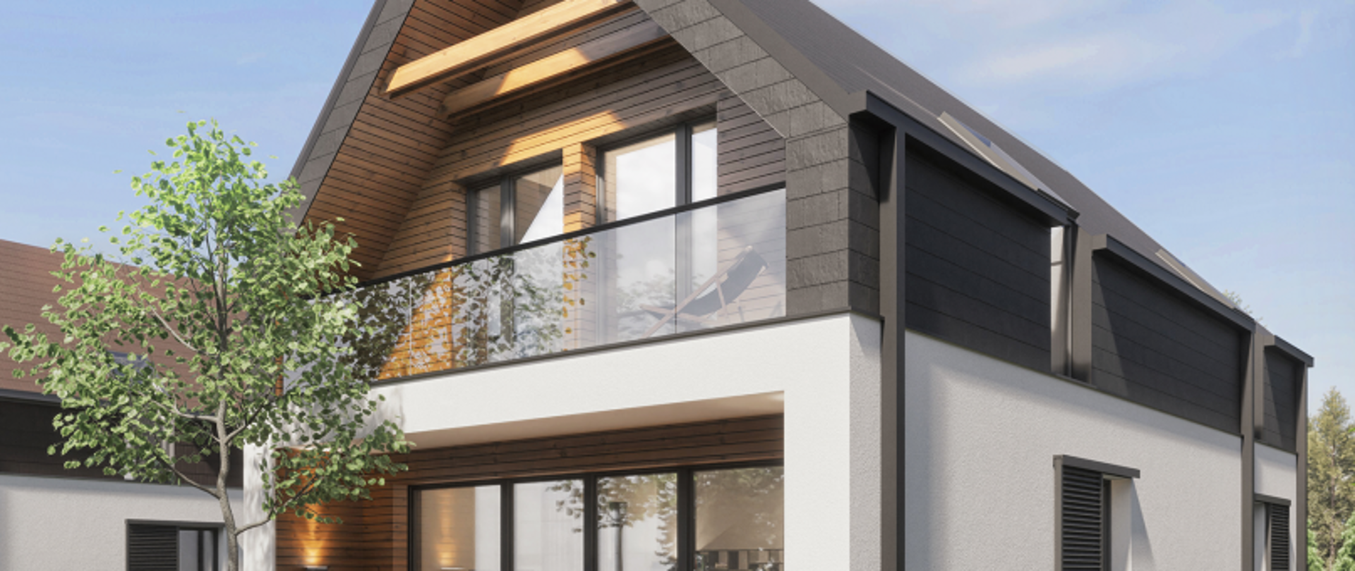 Dwupiętrowy dom z dużymi oknami, balkonem i dwuspadowym dachem, w otoczeniu drzewa.