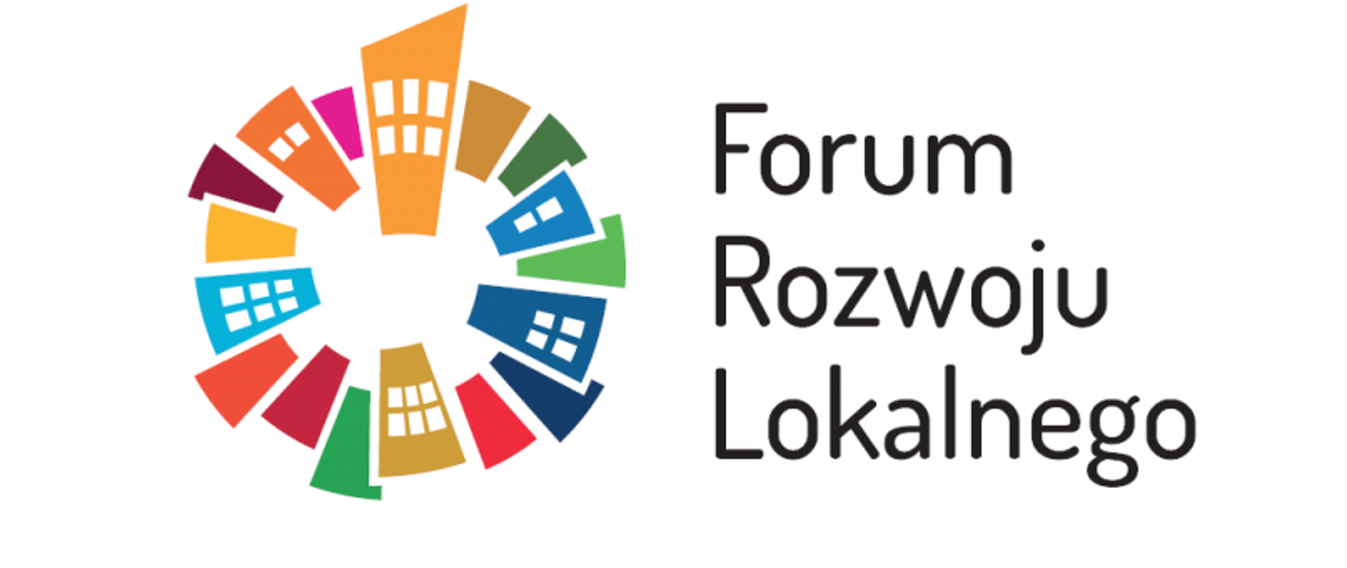 Logo z kolorowymi budynkami w okręgu i napisem Forum Rozwoju Lokalnego.”
