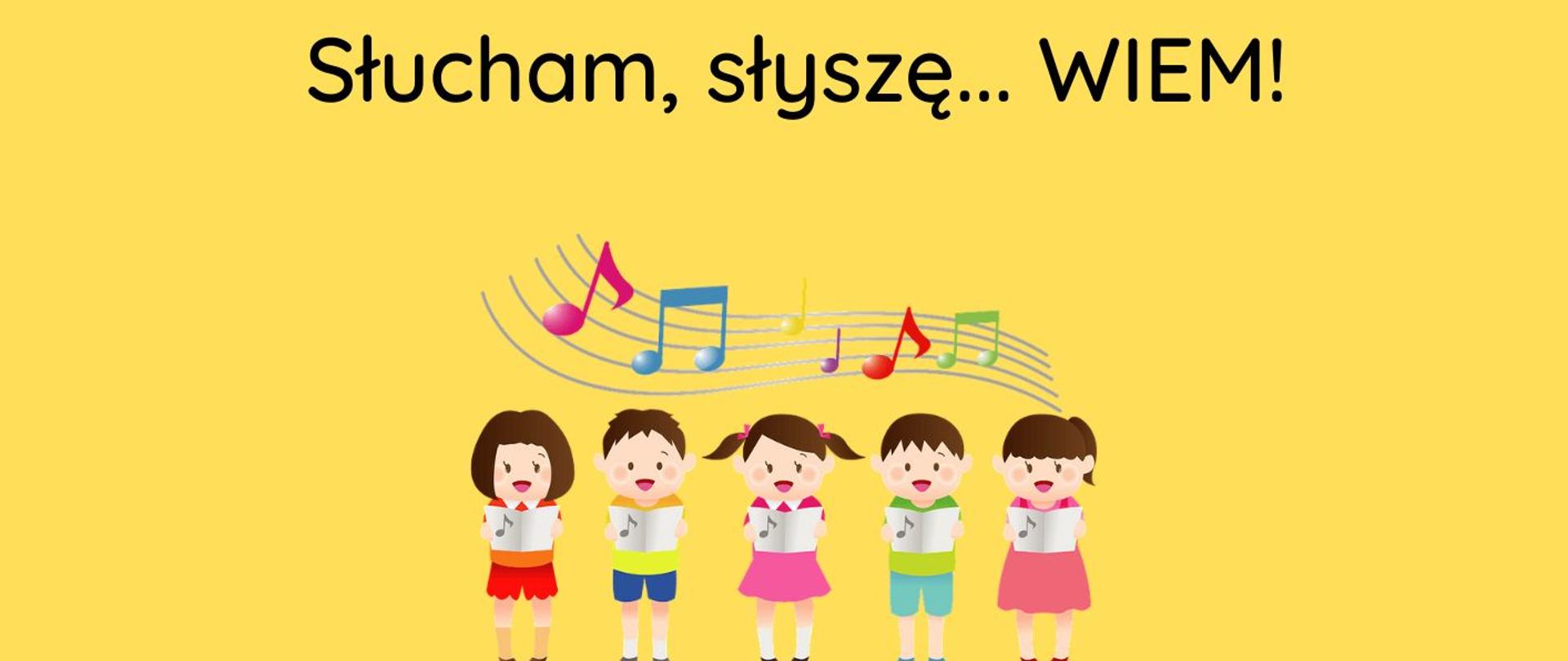 Na żółtym tle, w lewym górnym rogu jest logo szkoły. W górnej części plakatu jest nazwa wydarzenia: "I Drużynowy Turniej z kształcenia słuchu i podstaw rytmiki. Słucham, słyszę... WIEM!". Pod nazwą jest obrazek śpiewających dzieci z kolorowymi nutkami na pięciolinii. Pod obrazkiem zamieszczona jest informacja "dla uczniów kl. III cyklu 6-letniego PSM I i II stopnia im. S. Moniuszki w Zabrzu" oraz termin i miejsce wydarzenia. W lewym dolnym rogu jest kolorowy klucz wiolinowy.