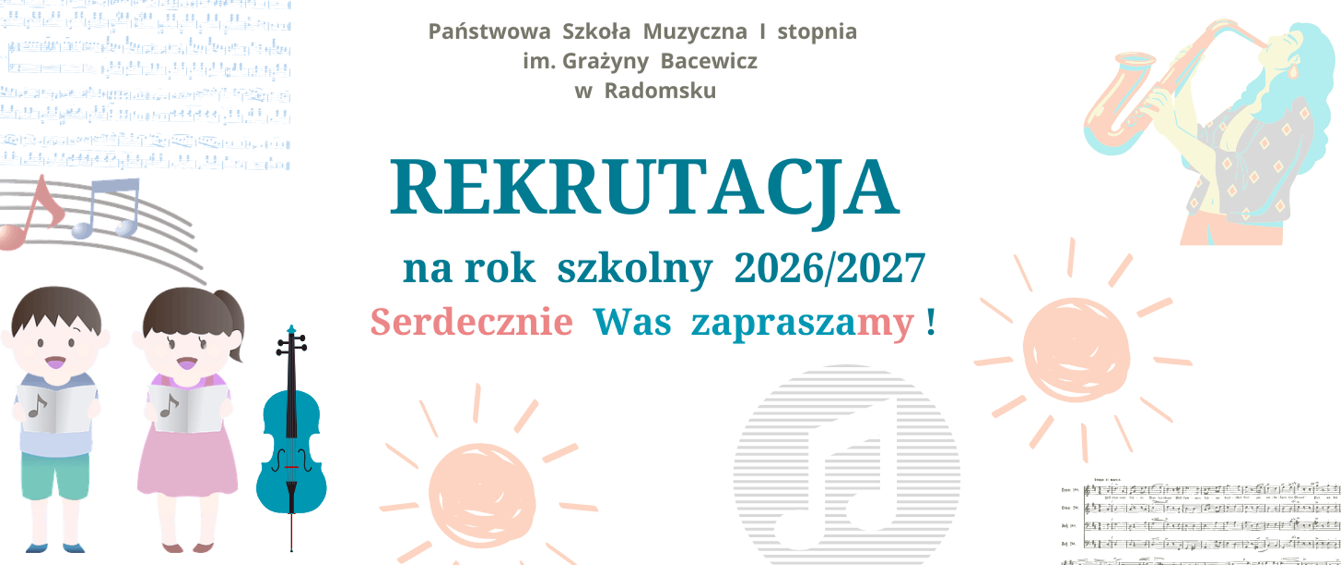 Na białym tle znajdują się napisy informacyjne w kolorach szarym, niebieskim, różowym, dwie grafiki słońca (w kolorze różowym), pięciolinia w kolorzez szarym, grazfiki nut w kolorach ciemnoszarym i ciemnoróżowym, grafika dziewczyny z długimi włosami grającej na saksofonie ( w kolorach niebieskim, fioletowym, różowym), grafika wiolonczeli ( niebieska z czarną podstrunnicą), grafiki tekstu nutowego ( w kolorze ciemnoszarym i jasnoniebieskim), grafiki śpiewających dzieci ( chłopiec i dziewczynka w kolorach fioletowym, niebieskim, zielonym, szarym, ciemnobrązowym).