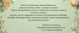 Plakat w wiosennych barwach, zielone tło, wokół kolorowe kwiaty, gałązki, pisanki. Na środku plakatu tekst zawierający życzenia świąteczne oraz informacja o przerwie świątecznej w dniach 02.04.-07.04.2026 r.