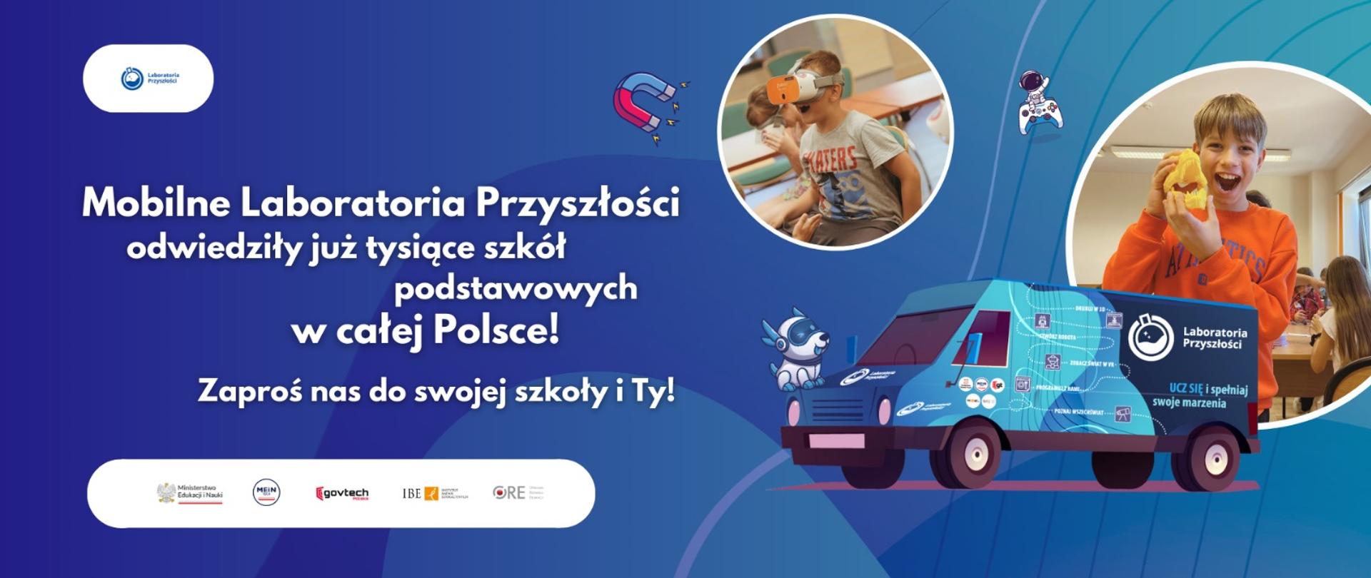 Grafika - na niebieskim tle furgonetka i napis Mobilne Laboratoria Przyszłości odwiedziły już tysiące szkół podstawowych w całej Polsce.