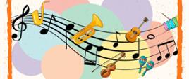 Kolorowa grafika z nutami i instrumentami muzycznymi na pięciolini