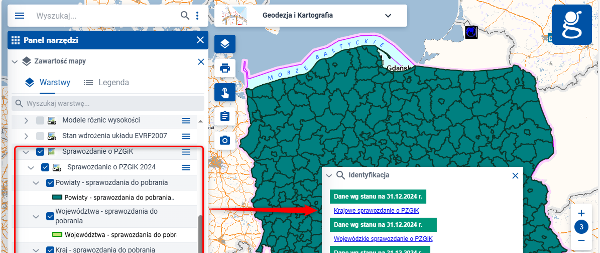 Zrzut ekranu ze strony www.geoportal.gov.pl prezentujący ścieżkę dostępu do sprawozdań GUGiK.