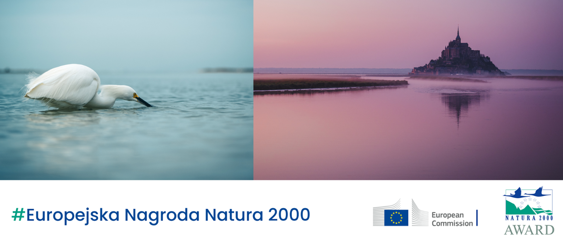 Dwa zdjęcia zestawione ze sobą. Na jednym biały ptak na wodzie, na drugim krajobraz z budowlą typu zamek.
Na dole napis #Europejska Nagroda Natura 2000 i dwa logotypy: Komisji Europejskiej i Europejskiej Nagrody Natura 2000.