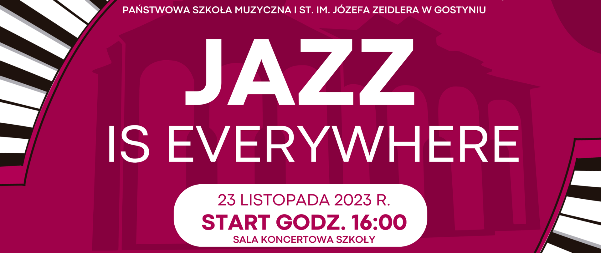 Informacja na bordowym tle dotycząca warsztatów jazzowych, które poprowadzi Jakub Kraszewski. Po bokach klawiatury fortepianowe ułożone w półokręgi.