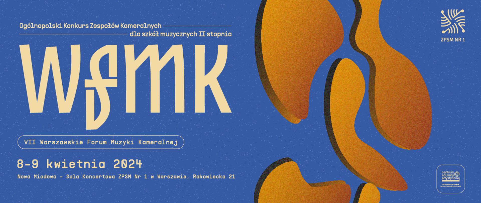 Niebieskie tło beżowe litery, po prawej stronie pomarańczowe kształty