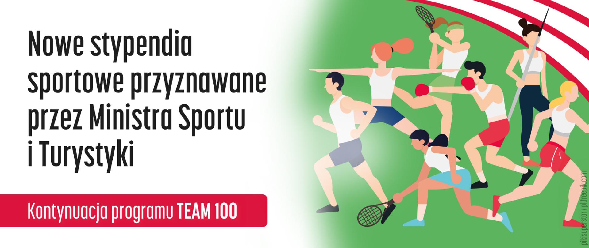 Nowe stypendia sportowe przyznawane przez Ministra Sportu i Turystyki. Kontynuacja programu Team 100. Na grafice animowane postaci - sportowcy różnych dyscyplin