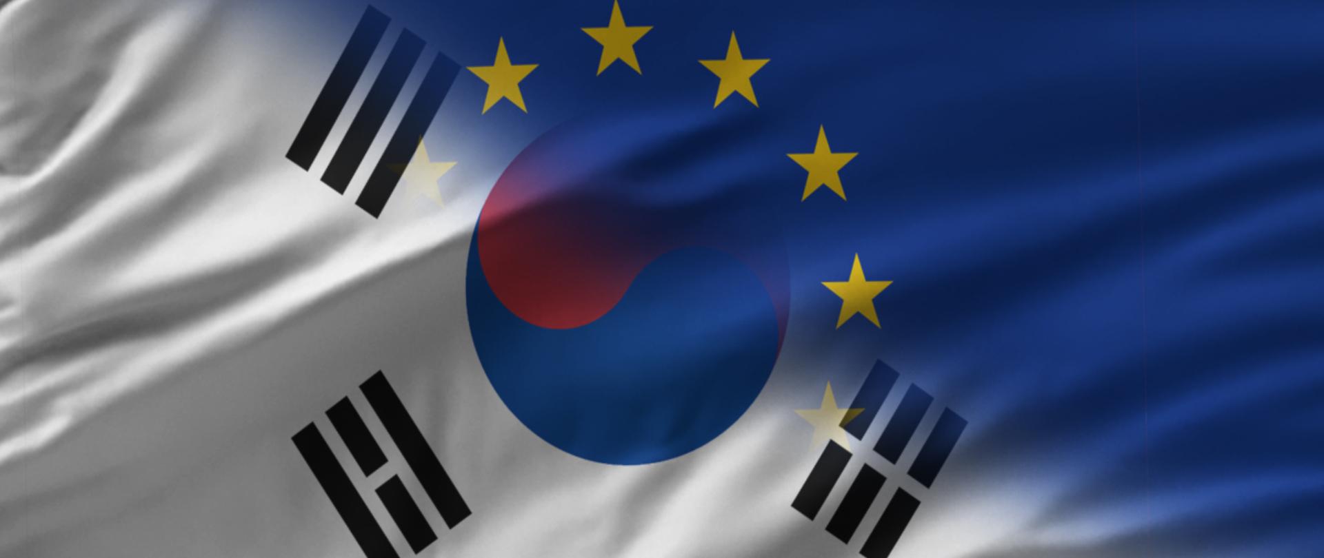 Nachodzące na siebie flagi Unii Europejskiej i Korei Południowej.