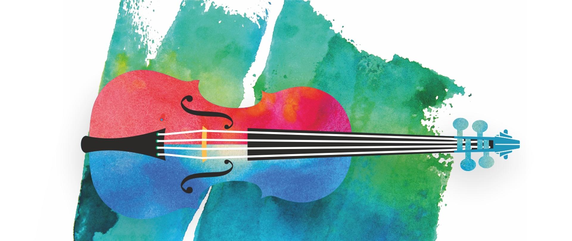 Grafika przedstawia kolorowe skrzypce