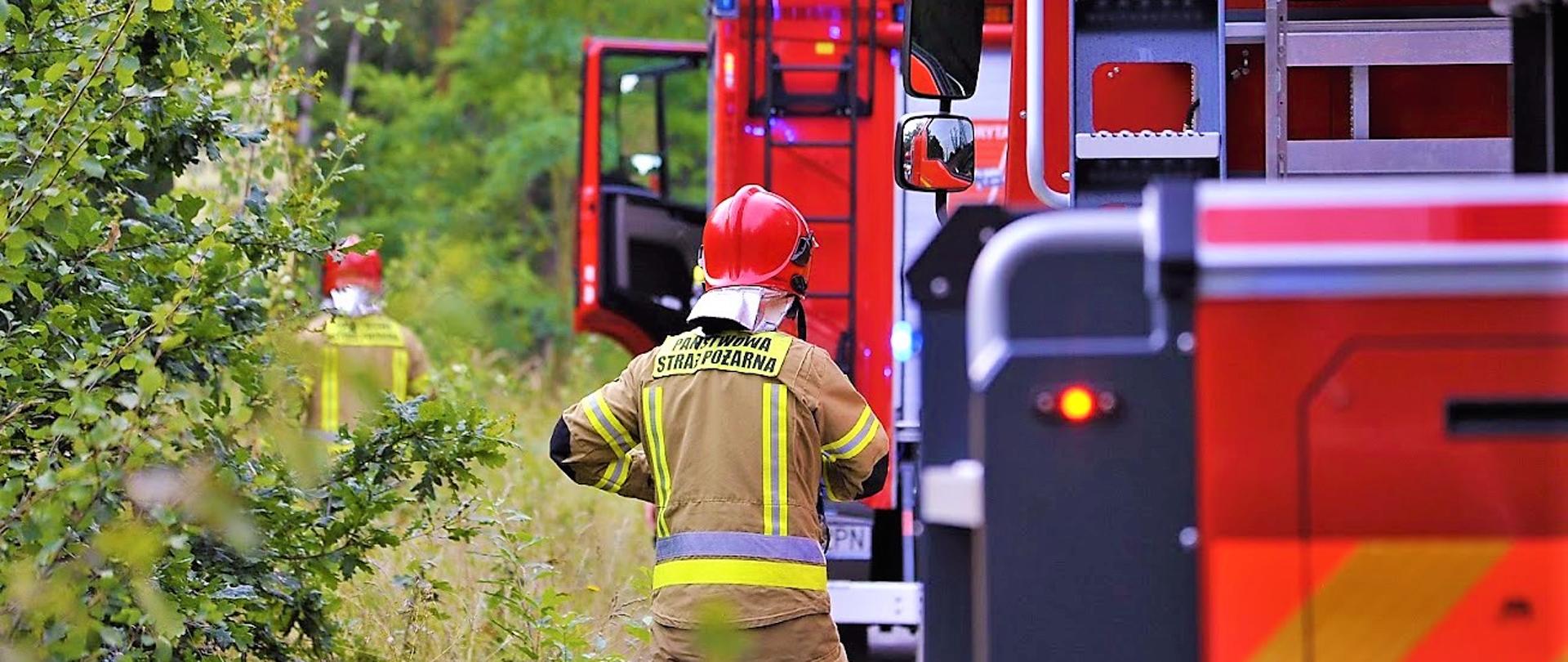 1. Samochody pożarnicze na drodze leśnej. Strażak w mundurze bojowym na poboczu stoi tyłem. W tle zielony las.