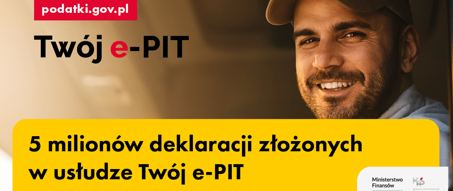 Na środku, na żółtym tle napis: 5 milionów deklaracji złożonych w usłudze Twój e-PIT