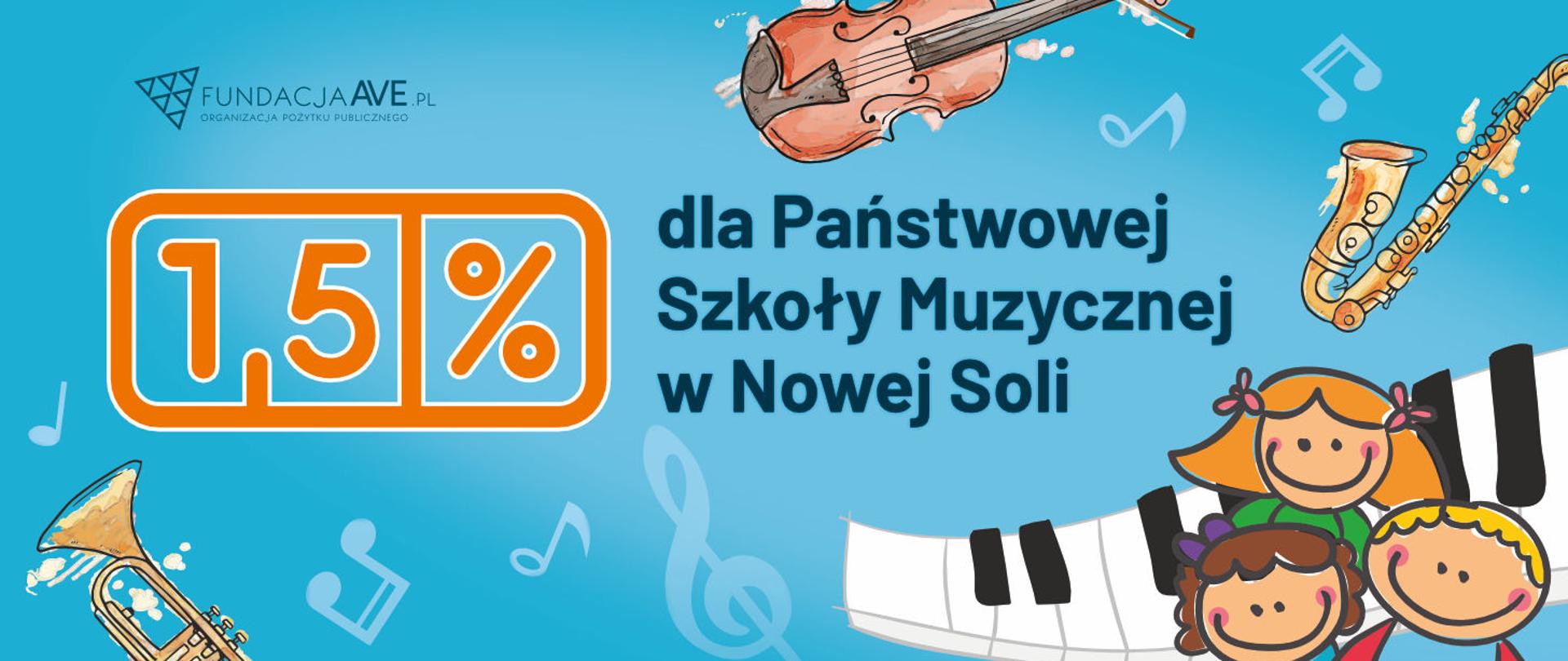 Baner przedstawia elementy graficzne w postaci grupki dzieci, instrumentów muzycznych oraz znaków muzycznych wokół pomarańczowo czarnych napisów.
