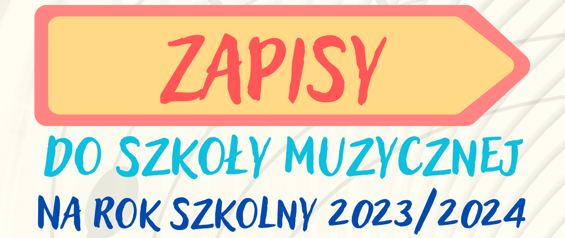 Na plakacie znajduje się logo szkoły w górnej części oraz napis Zapisy do szkoły muzycznej na rok szkolny 2023/2024, więcej informacji tel. 13 4464496, www.gov.pl/psmjaslo, podania należy składać do dnia 29 maja 2023 r. w sekretariacie szkoły. Poniżej napis Przyjdź do nas i spełnij swoje marzenia, nauka w szkole jest bezpłatna oraz wypożyczamy instrumenty. Na dole plakatu logo facebooka z nazwą muzycznajaslo. Kolory stonowane, pastelowe, jasne.