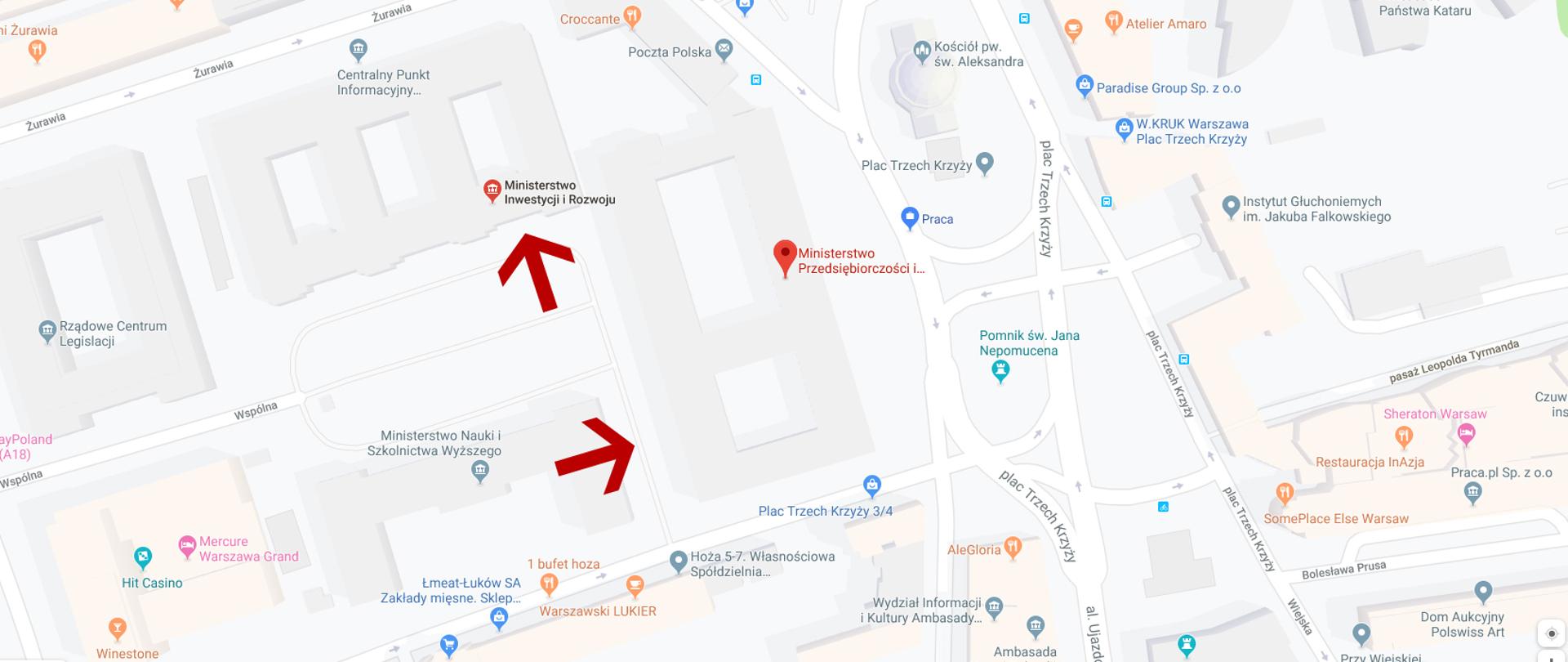 Mapa z zaznaczonymi wejściami do budynku MPiT