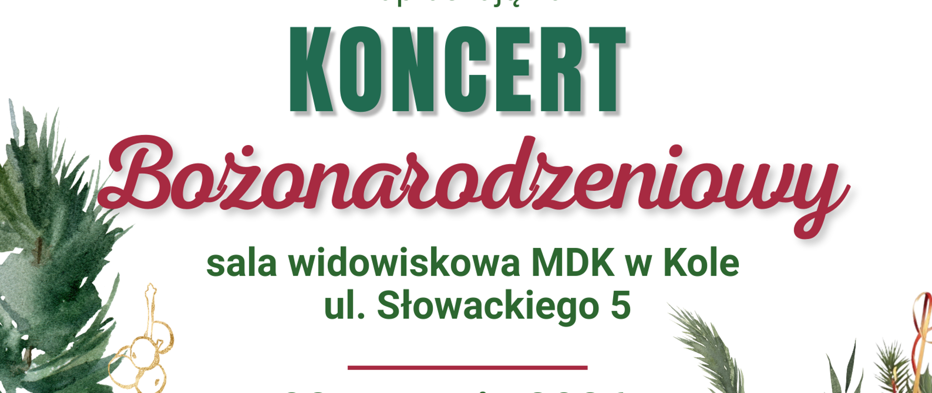 na białym tle świąteczne dekoracje i zaproszenie na koncert