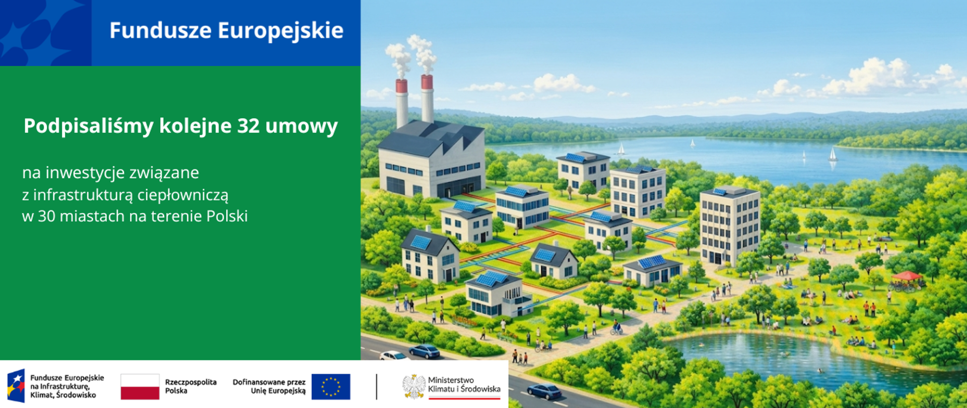 Widok małego miasta z budynkami połączonymi siecią ciepłowniczą. Na horyzoncie znajduje się jezioro i zielone tereny. 