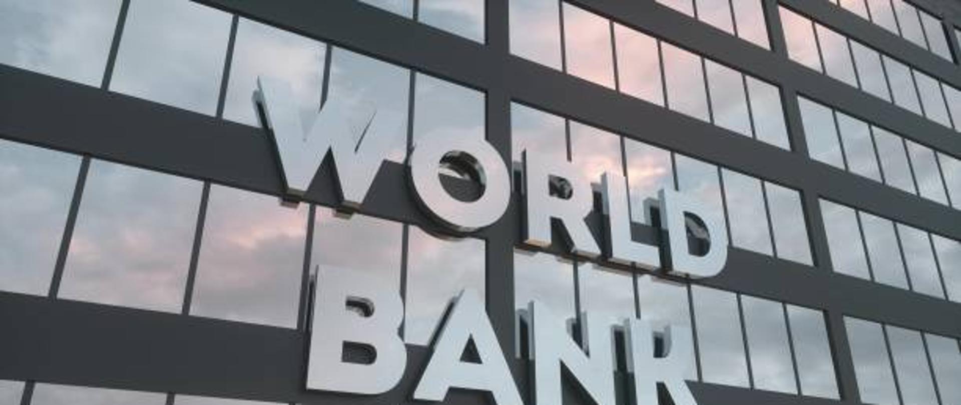 World Bank sign on a modern glass skyscraper. World Bank glass building. 3d rendering.