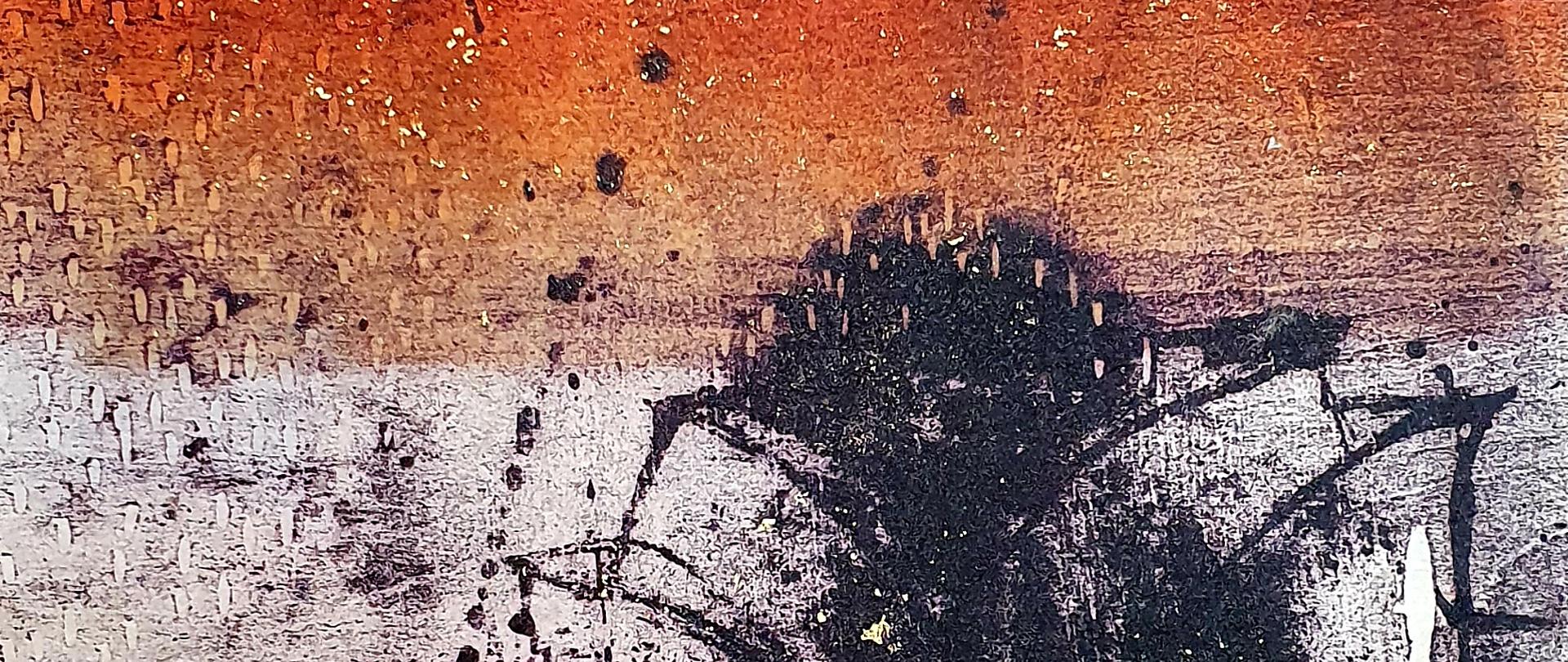 Japońska grafika wykonana jest w technice mokulito. Autorką pracy jest: Yasuko Sawaoka. Grafika składa się z dwóch poziomych pasów. Górna część jest w kolorze pomarańczowym, przechodzącym w pas szarości. W dolnej części na szarym tle wkomponowane są dwie rośliny, dwa kwiaty narysowane w sposób bardzo syntetyczny. 