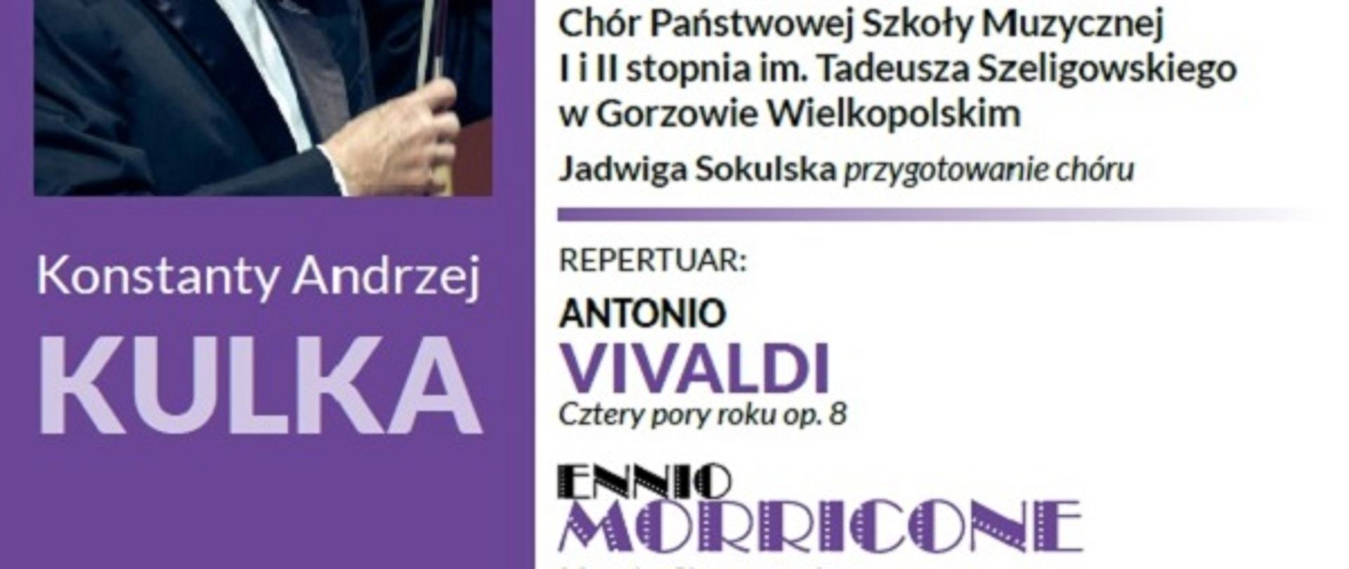 Fioletowo-białe tło. Na nim napisy z wykonawcami, repertuarem koncertu oraz datą i miejscem