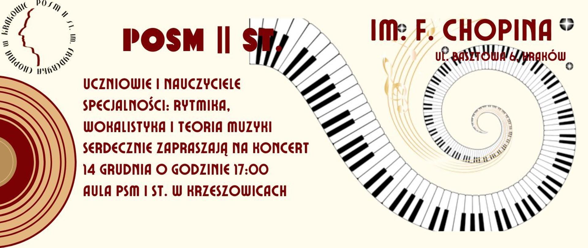 Plakat, jasne tło, grafika: logo szkoły oraz grafika klawiatury fortepianowej; tekst: POSM II st. im. F. Chopina, uczniowie i nauczyciele specjalności: rytmika, wokalistyka i teoria muzyki serdecznie zapraszają na koncert 14 grudnia o godzinie 17:00, Aula PSM i st. w Krzeszowicach