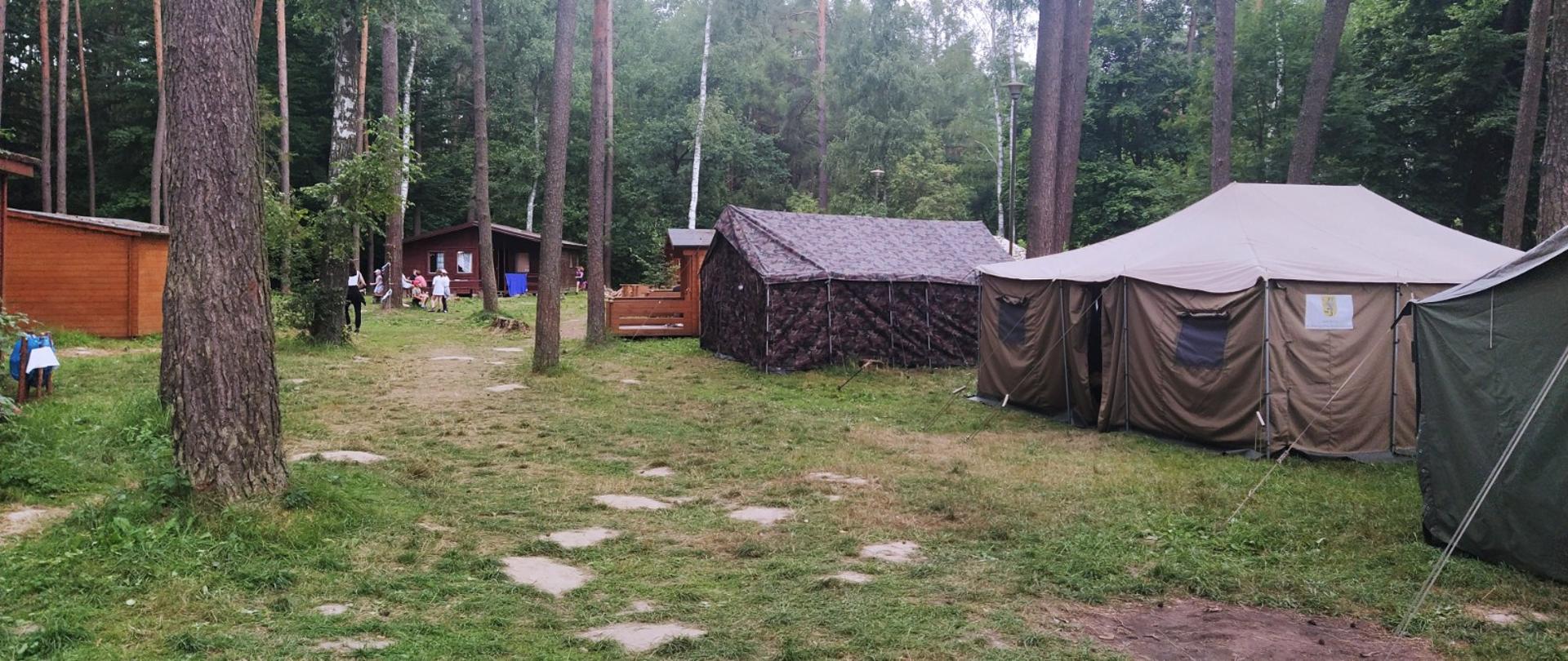 Zdjęcie przedstawia pole namiotowe w lesie.