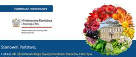 Plakat w kolorze biało-granatowym. Po lewej stronie orzełek, logo Ministerstwa Rolnictwa i Rozwoju Wsi. Po prawej okrągłe zdjęcie budynku otoczonego grafiką z wiankiem z kolorowych owoców i warzyw. 