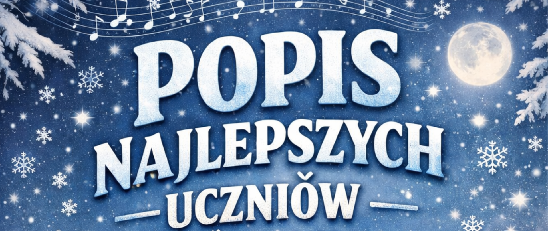 Zimowy plakat koncertowy przedstawiający grupę dzieci i młodzieży grających muzykę kameralną na instrumentach: fortepianie, skrzypcach, flecie i wiolonczeli, stojących na drewnianej scenie otoczonej śniegiem. W tle widoczny jest zimowy krajobraz z ośnieżonymi drzewami, nocnym niebem, księżycem oraz oświetlonym budynkiem sali koncertowej. Na plakacie znajduje się tekst: „Popis najlepszych uczniów i zespołów kameralnych”, data „16.01.2026 r., godz. 16:30”, miejsce „Sala koncertowa” oraz hasło „Zapraszamy na muzyczny wieczór”.