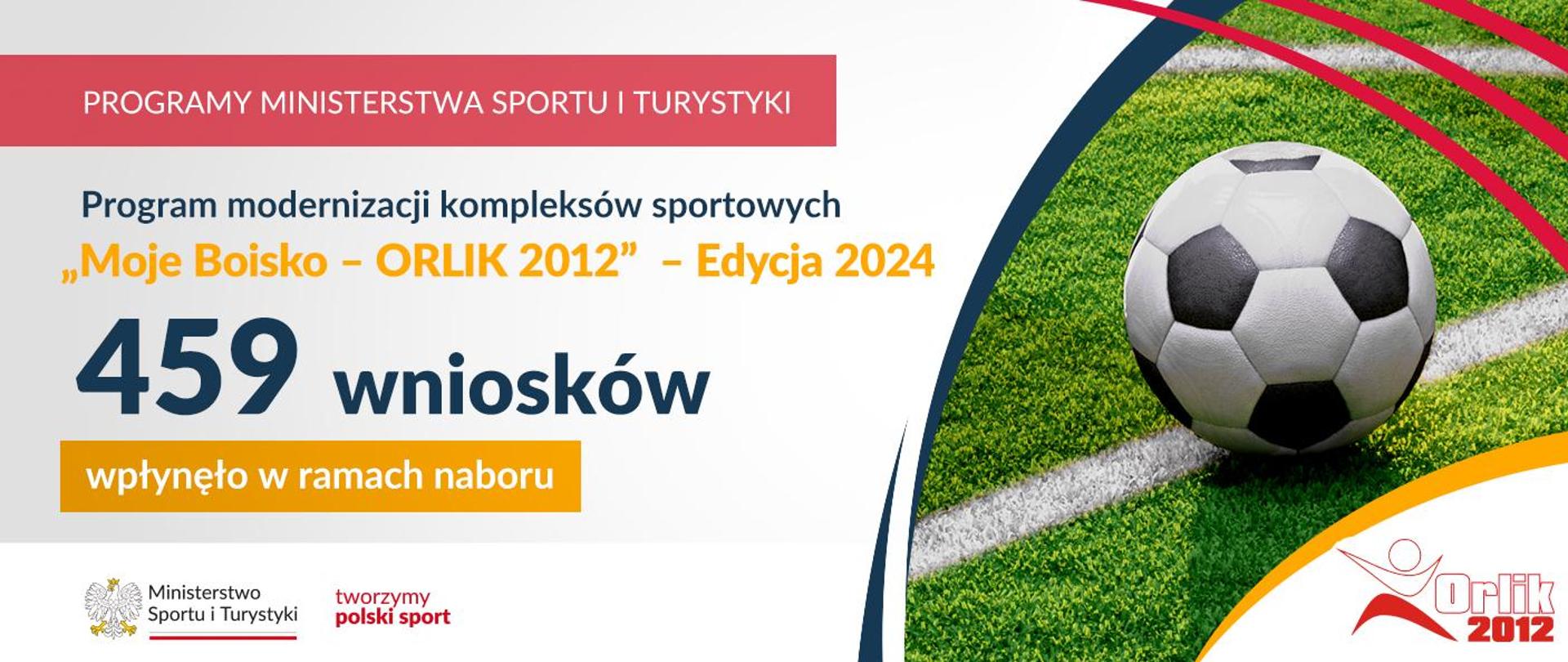 Grafika. Z lewej strony napisy: PROGRAMY MINISTERSTWA SPORTU I TURYSTYKI / Program modernizacji kompleksów sportowych "Moje Boisko - ORLIK 2012" - Edycja 2024 / 459 wniosków wpłynęło w ramach naboru. Na dole na białym pasku logotypy MSiT oraz "tworzymy polski sport". Z prawej strony zdjęcie piłki do piłki nożnej. W prawym dolnym rogu logotyp "Orlik 2012"