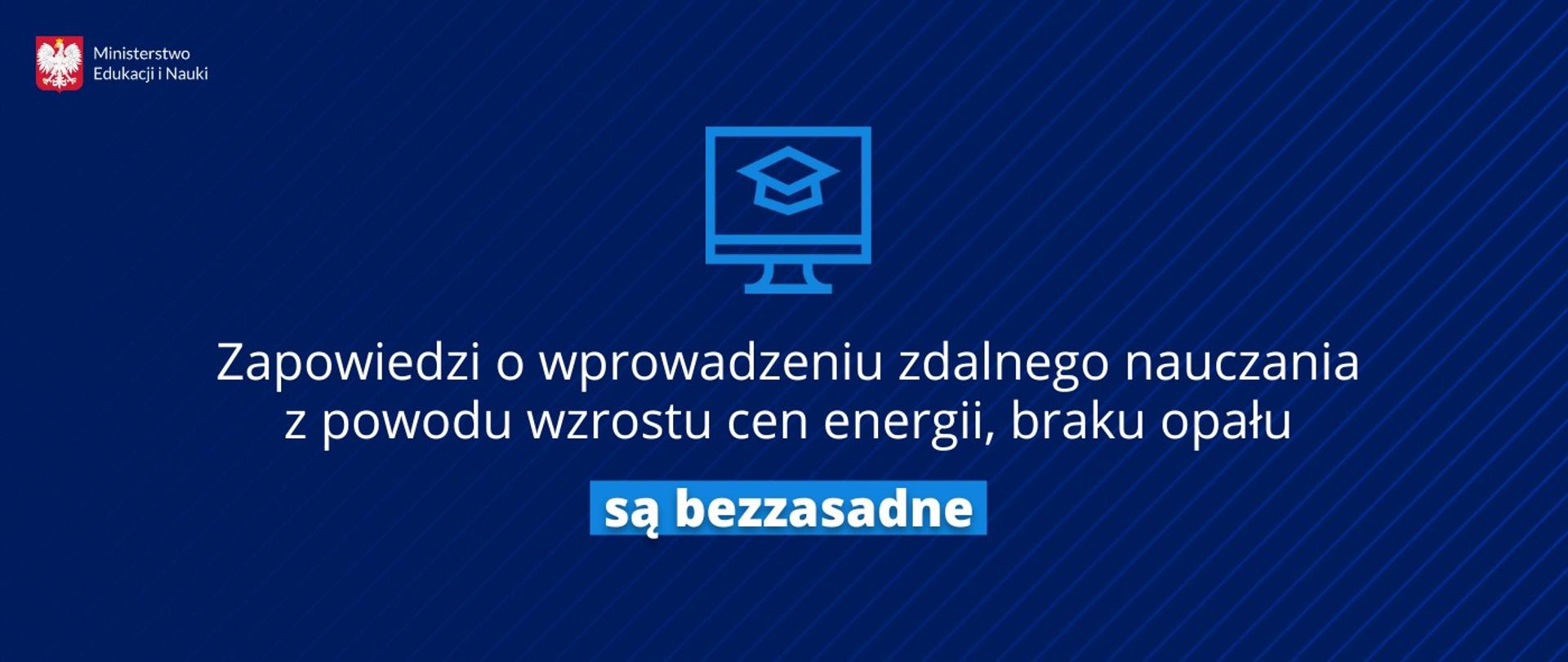 Grafika monitora na niebieskim tle, pod spodem napis - Zapowiedzi o wprowadzeniu zdalnego nauczania z powodu wzrostu cen energii, braku opału