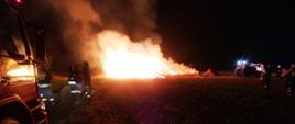 Płonący w całej objętości stóg słomy. Na bliższym planie widać strażaków.