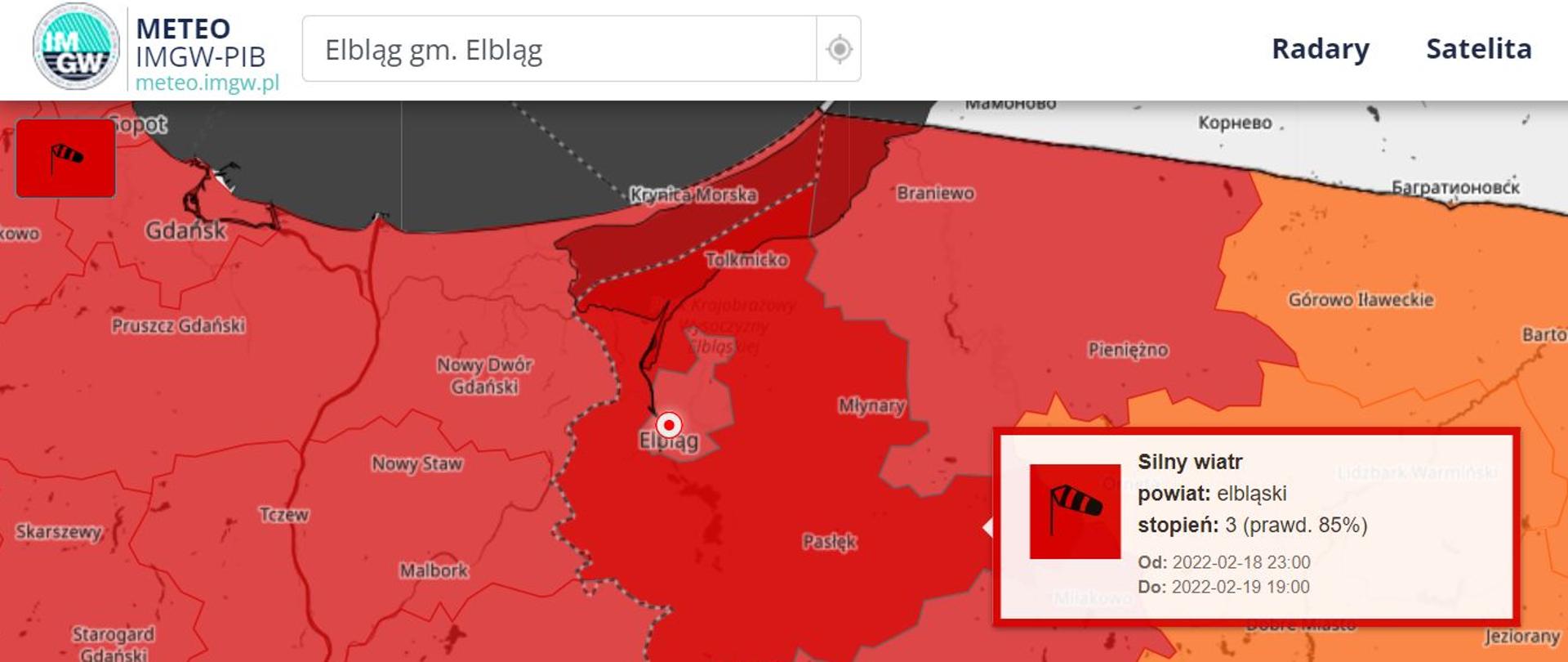 Mapa z obszarem powiatu elbląskiego z zaznaczonym 3 najwyższym stopniem ostrzeżenia przed silnym wiatrem.
