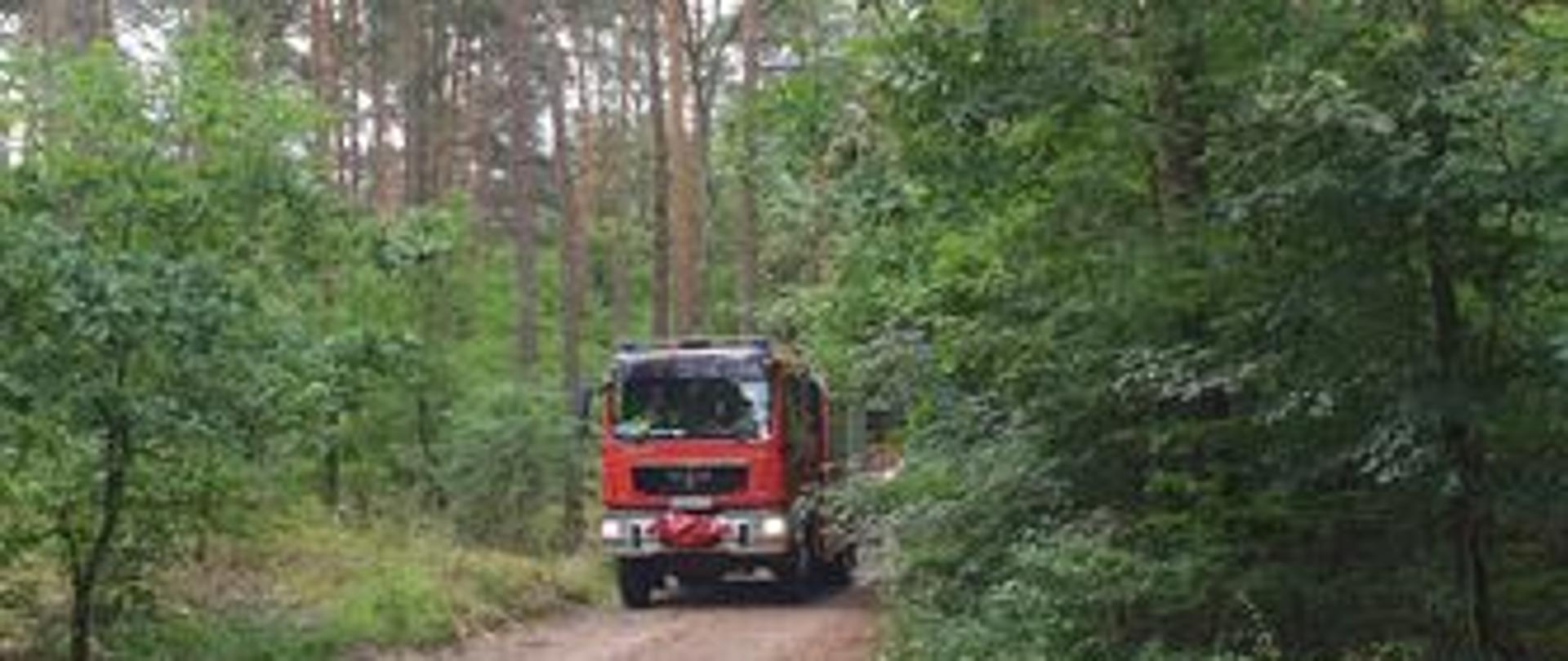 Zdjęcie przedstawia samochód pożarniczy w lesie jadący na miejsce ćwiczeń. 
