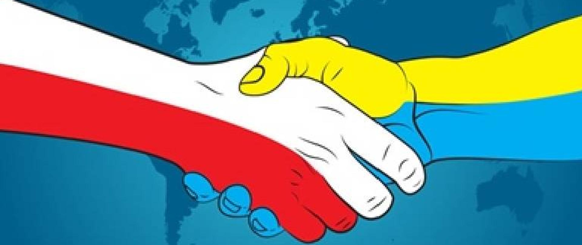Zdjęcie przedstawia dwie ręce, które robią uścisk. Jedna ręka w kolorach flagi Polski a druga w kolorach flagi Ukrainy