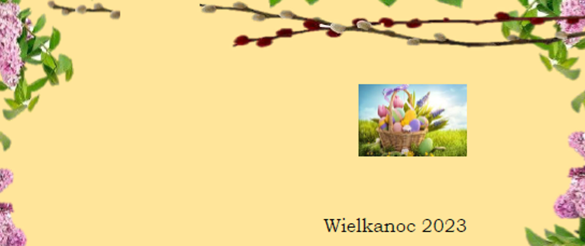 Na żółtym tle życzenia świąteczne ozdobione jajkami i baziami