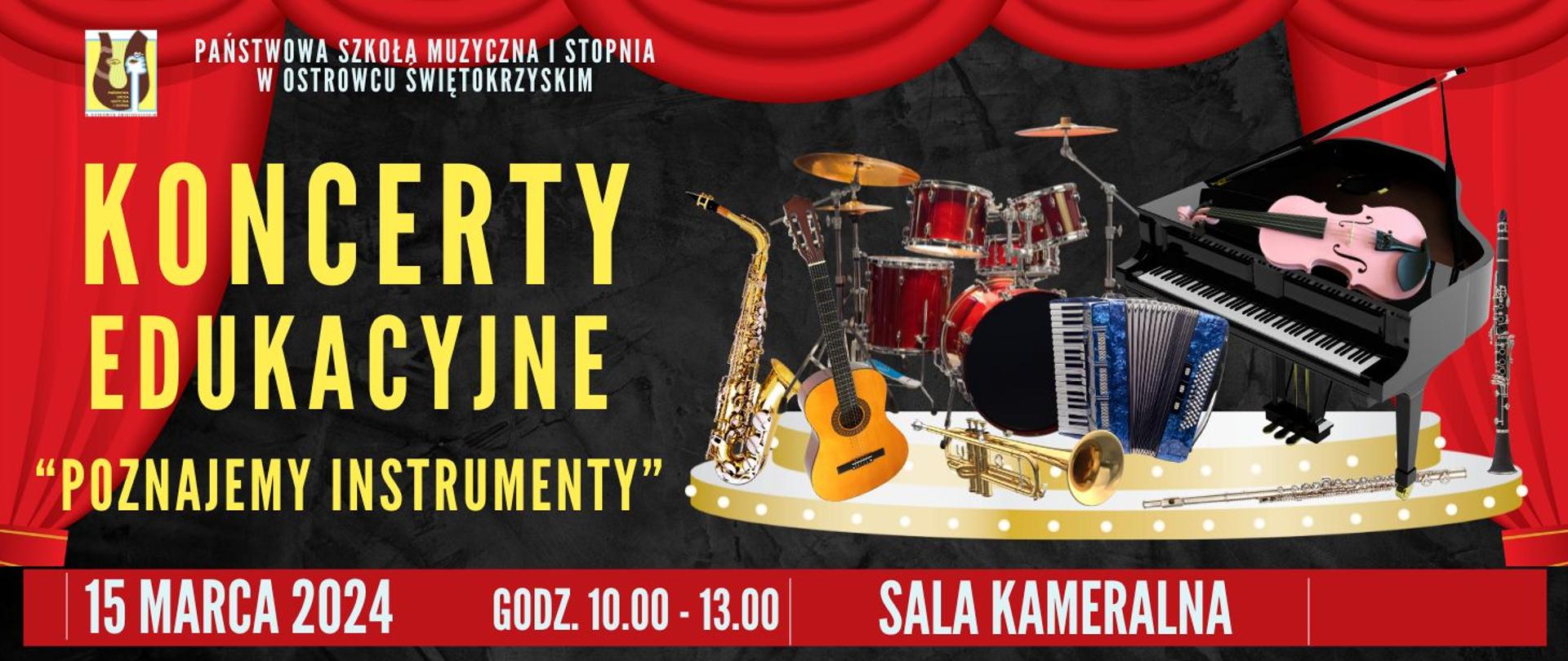 informacje o koncercie w kolorze białym i żółtym na czarnym tle z logo szkoły w kolorze żółto-brązowym z ikonami instrumentów muzycznych