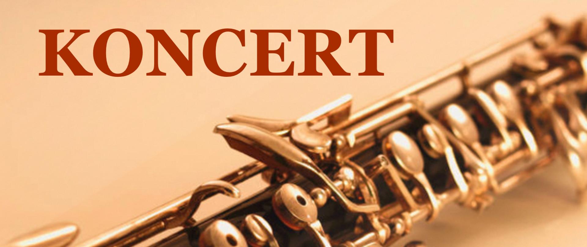 Grafika przedstawia obrazek z tłem fragmentu oboju, na tle kremowym czerwony napis koncert.