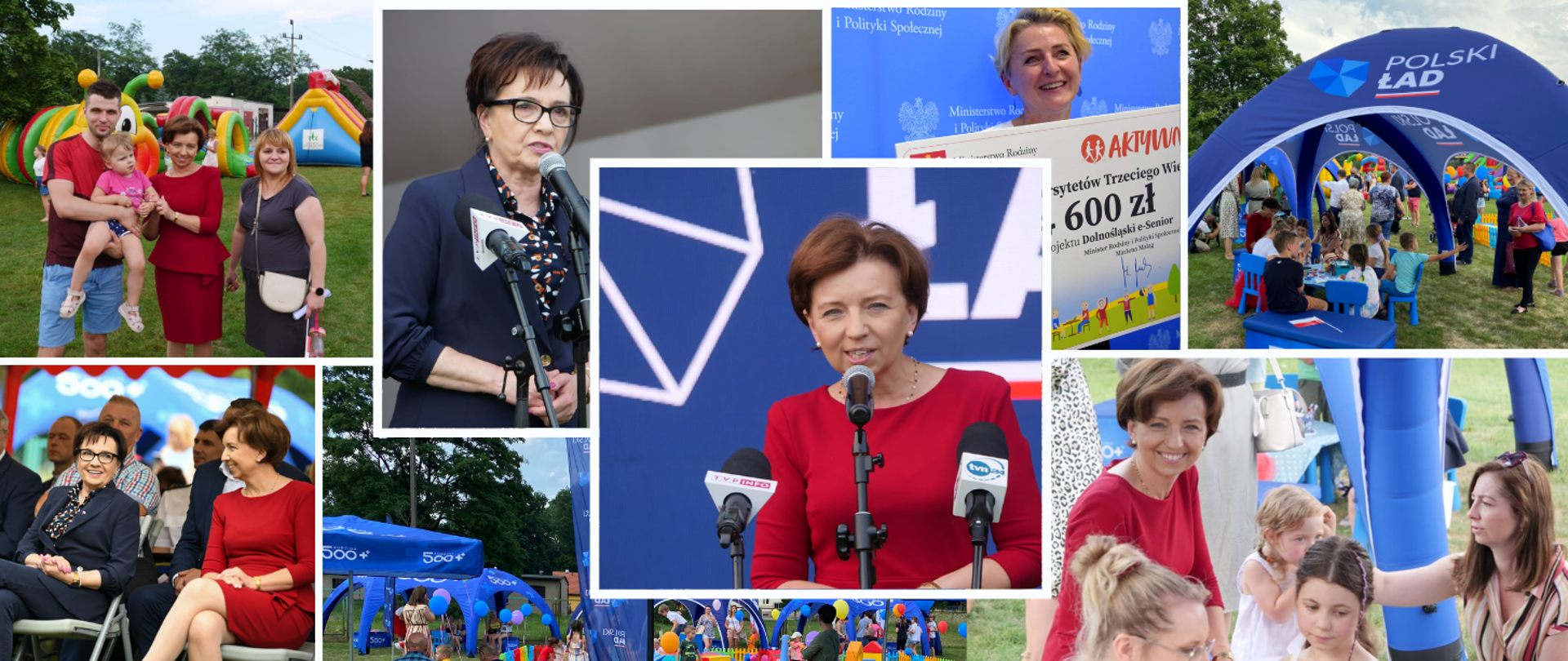 Kolaż zdjęć. Minister Maląg i marszałek Witek w otoczeniu uczestników spotkania. W części centralnej wizerunek minister Maląg stojącej przed mikrofonami.