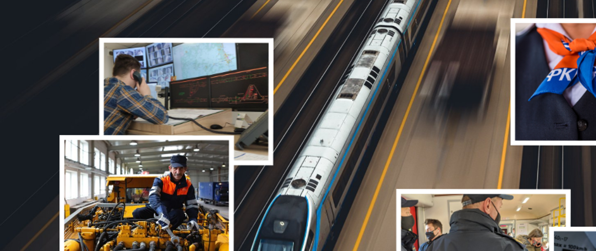 Kolaż zdjęć. W tle jadący pociąg. U góry od lewej - operator ciężkich maszyn kolejowych, bliskie ujęcie apaszki na szyi kasjerki, pracownik spółki Telkol przy słupie, dyspozytor z telefonem przy biurku z ekranami, funkcjonariusze straży ochrony kolei w wagonie, maszynista w kabinie