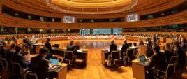 Uczestnicy sesji ministerialnej Komitetu Zarządzania Publicznego OECD siedzą w dużej, okrągłej sali obrad, Luksemburg, 18 listopada 2022 r.
