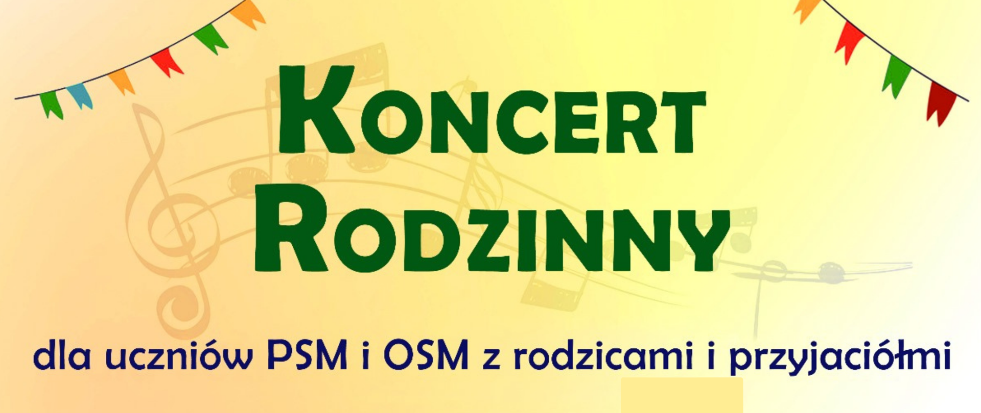 Plakat Koncertu rodzinnego w dniu 26 kwietnia 2024 o godzinie 18.00. Tło plakatu jest żółte, w jego górnej części znajdują się treści informacyjne. W dole plakatu znajduje się grafika śpiewającej rodziny - tata siedzi na kanapie i gra na gitarze, obok niego znajduje się mała dziewczynka grająca na bębenku, mama stoi za kanapą grając na tamburynie, a przed kanapą chłopczyk podskakuje z miotłą. 