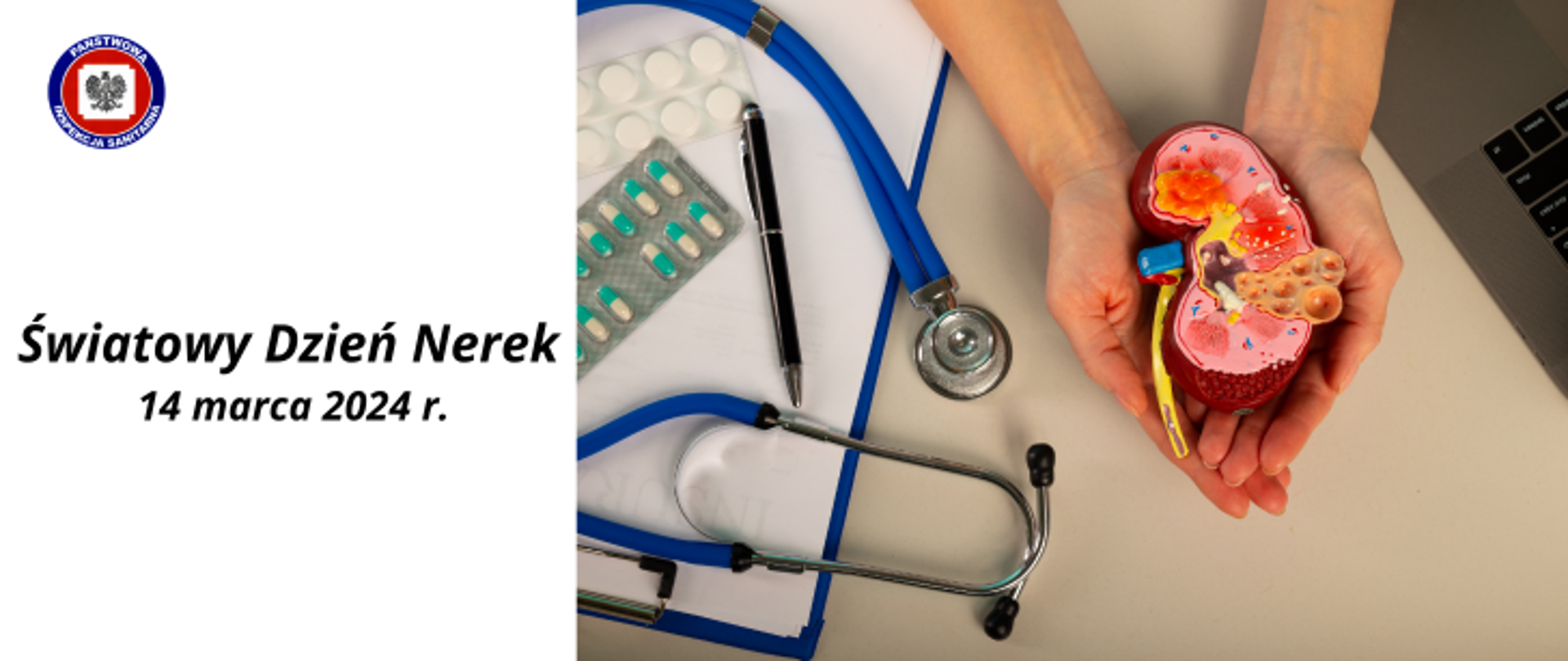 Po prawej na beżowym blacie leży laptop, notatnik, stetoskop długopis i 2 listki leków. W dłoniach leży fantom nerki w przekroju wzdłużnym. Po lewej na białym tle ciemny napis Światowy Dzień Nerek 14 marca 2024, w górnym lewym rogu logo Państwowej Inspekcji Sanitarnej.