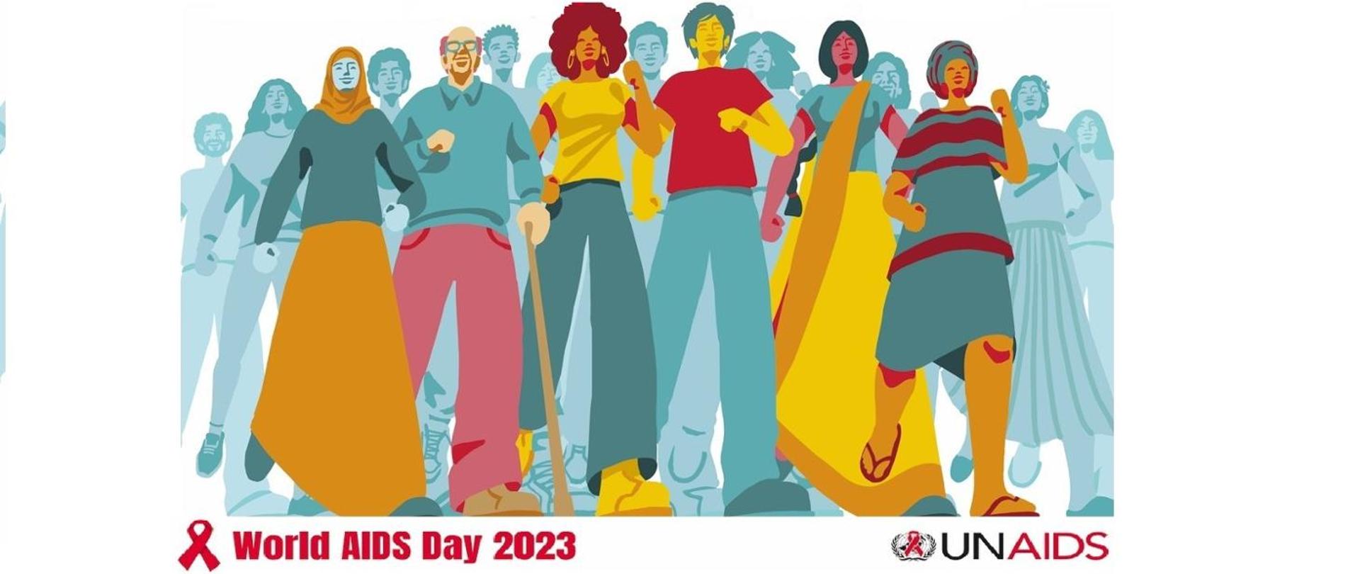 grupa osób różnych narodowości ubrana w kolorowe stroje, zaciśnięte pięści w dole grafiki czerwona wstążeczka i napis World AIDS Day 2023