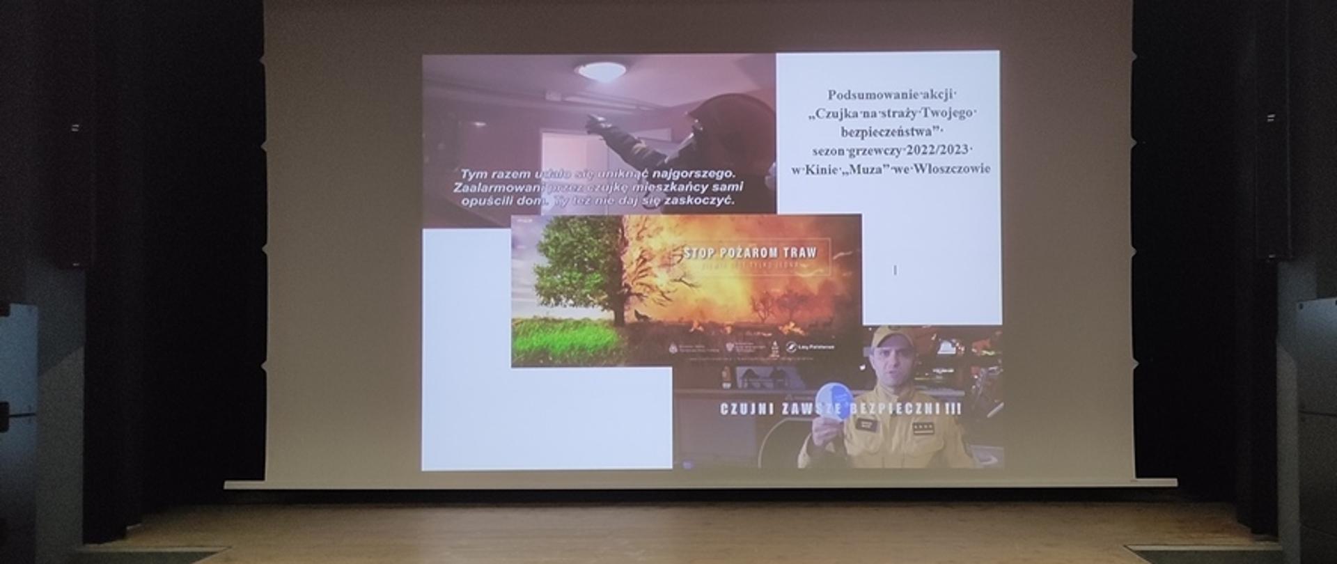 Ekran dużej sali kinowej, wyświetlone są na nim slajdy z filmów kampanii prezentowanych w kinie