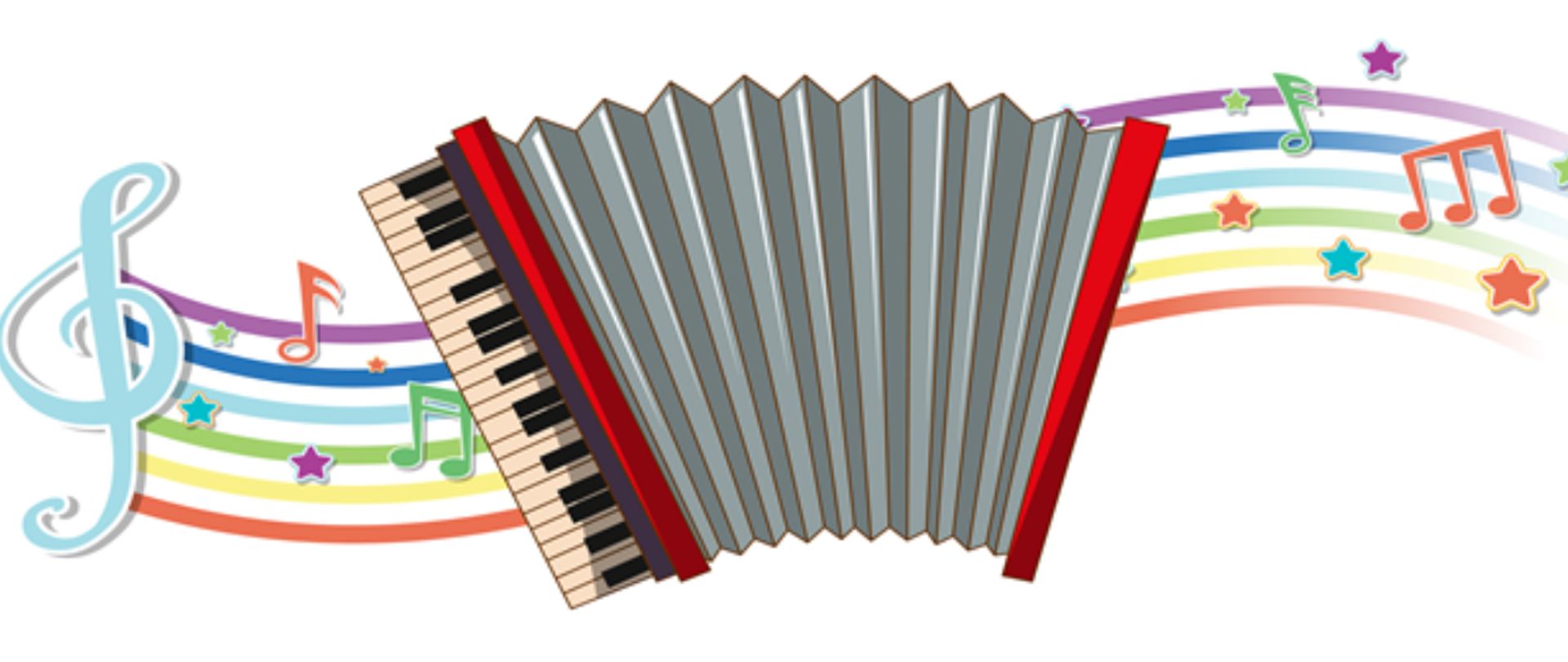 Obrazek z białym tłem. U góry czarny napis: "Koncert muzyki akordeonowej" Poniżej kolorowa pięciolinia z nutkami, a na niej akordeon. Poniżej termin, wykonawca oraz miejsce koncertu.