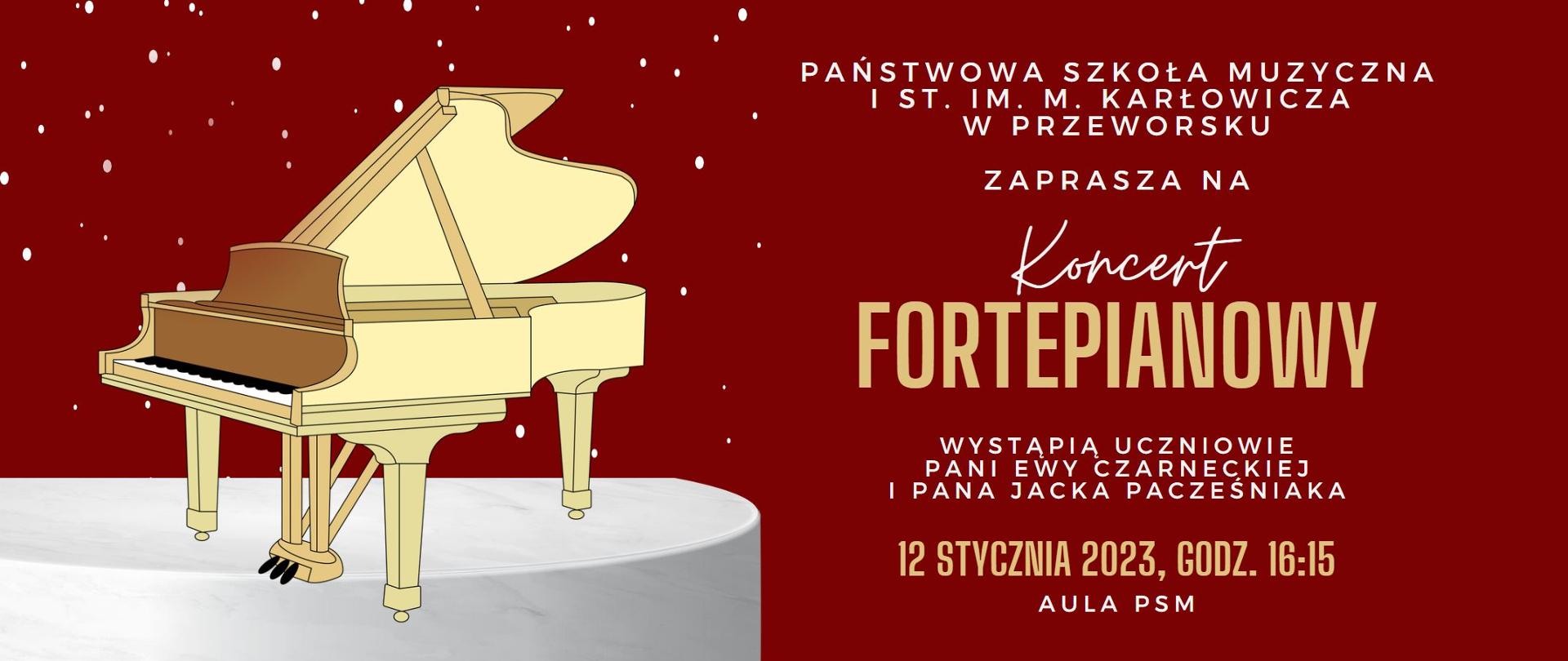 Baner z bordowym tłem. Po lewej stronie ilustracja fortepianu na białej scenie na, którą spadają białe płatki śniegu. Po prawej informacja o koncercie - tytuł, data, godzina.