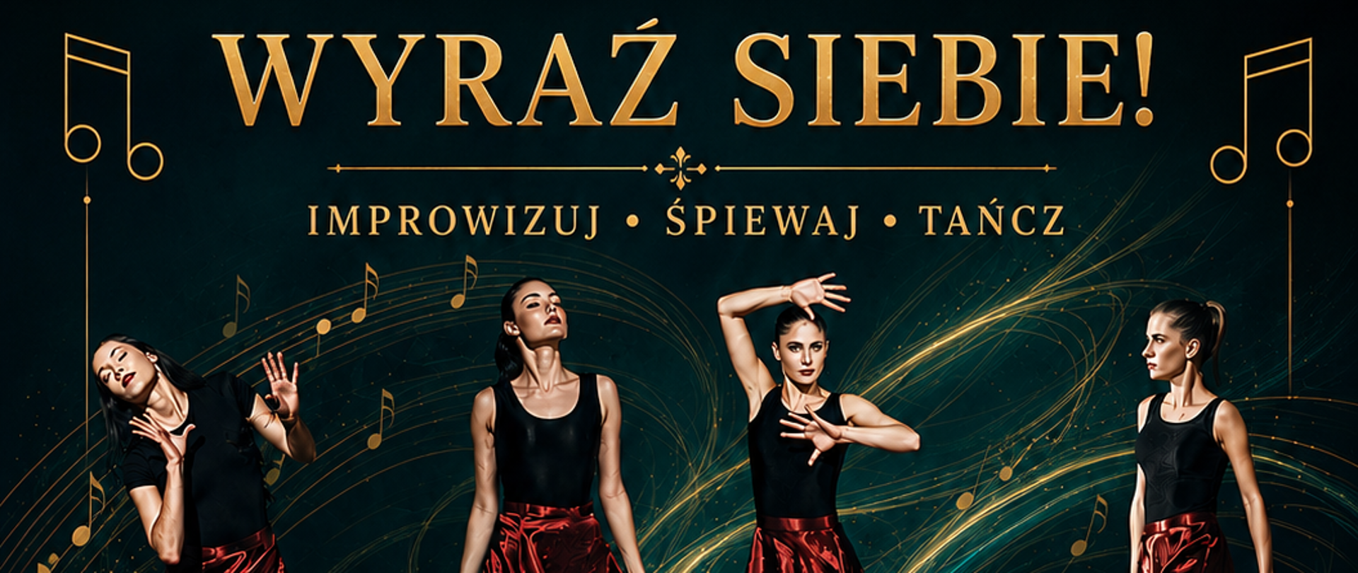 Ciemnoturkusowy plakat ze złotymi akcentami i wirującymi nutami. Przedstawia dynamiczne sylwetki tancerek w czerwonych spódnicach. Centralną część zajmuje duży, złoty tytuł „DNI OTWARTE RYTMIKI”. W dolnej części, obok świetlistego klucza wiolinowego, podano w ramkach terminy wydarzenia: 22 maja (godz. 16:40) i 25 maja (godz. 18:15). Plakat dopełniają zachęcające hasła: „WYRAŹ SIEBIE!” oraz „DOŁĄCZ DO NAS!”.